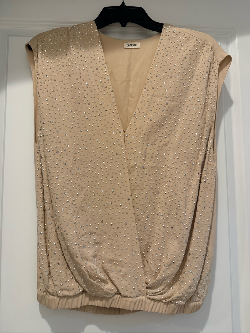 L'AGENCE Champagne Beaded V-Neck Sleeveless Blouse